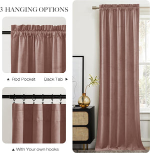 Luxurious mauve velvet curtain with multiple hanging options: rod pocket, back tab, and clip rings.