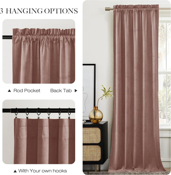 Luxurious mauve velvet curtain with multiple hanging options: rod pocket, back tab, and clip rings.