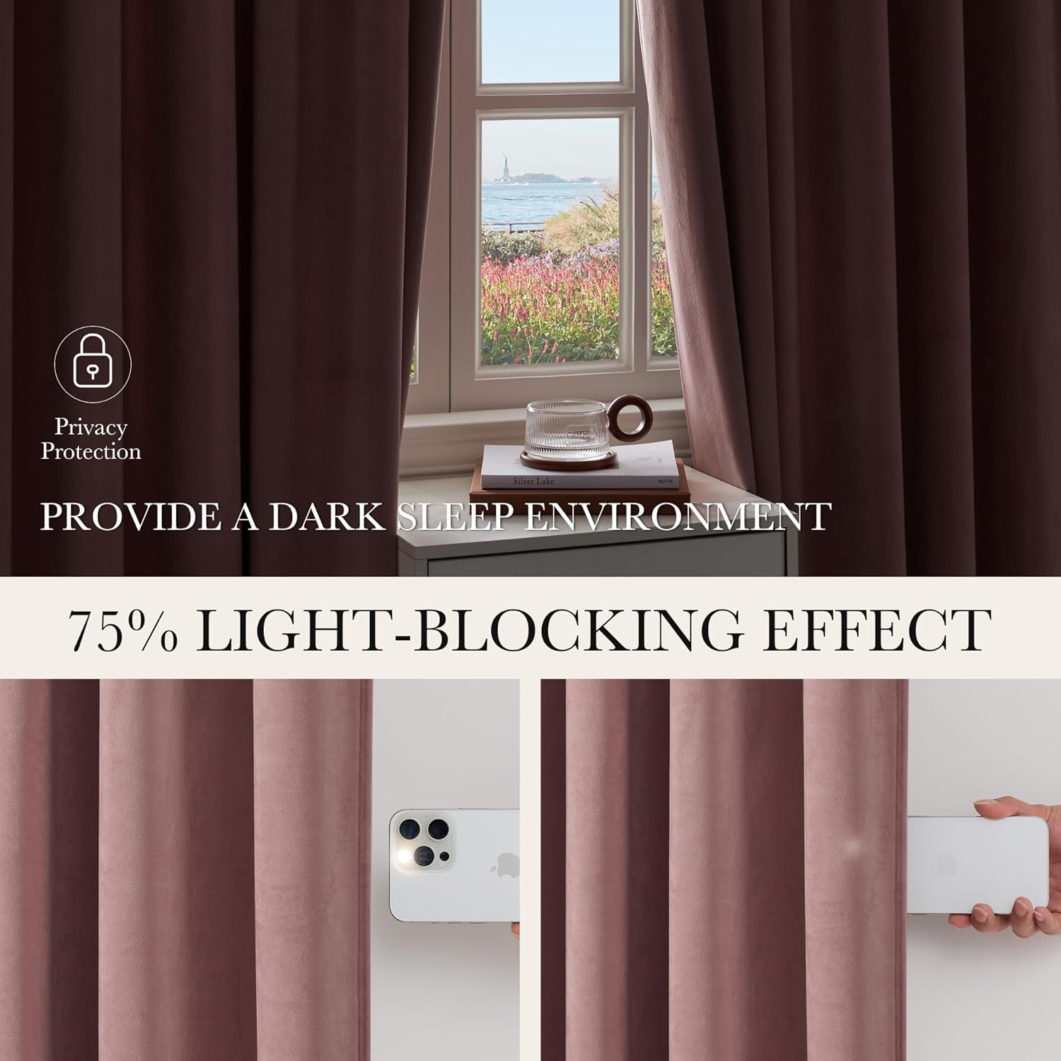 Mauve velvet blackout curtains hanging in a room, demonstrating 75% light-blocking and privacy.