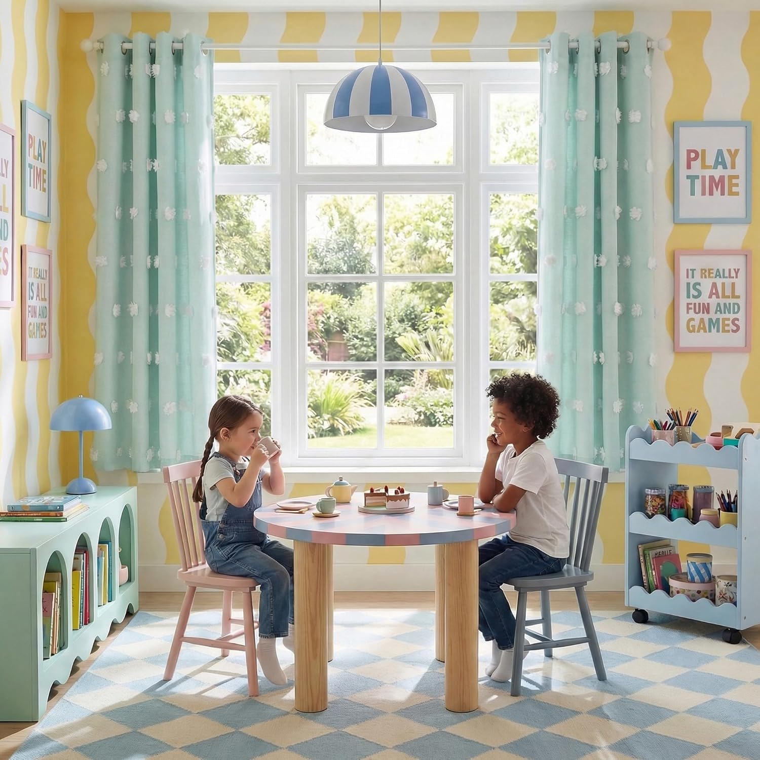 Mint green sheer curtains with white pom-poms and metal grommet top hanging in a bright kids' play room.