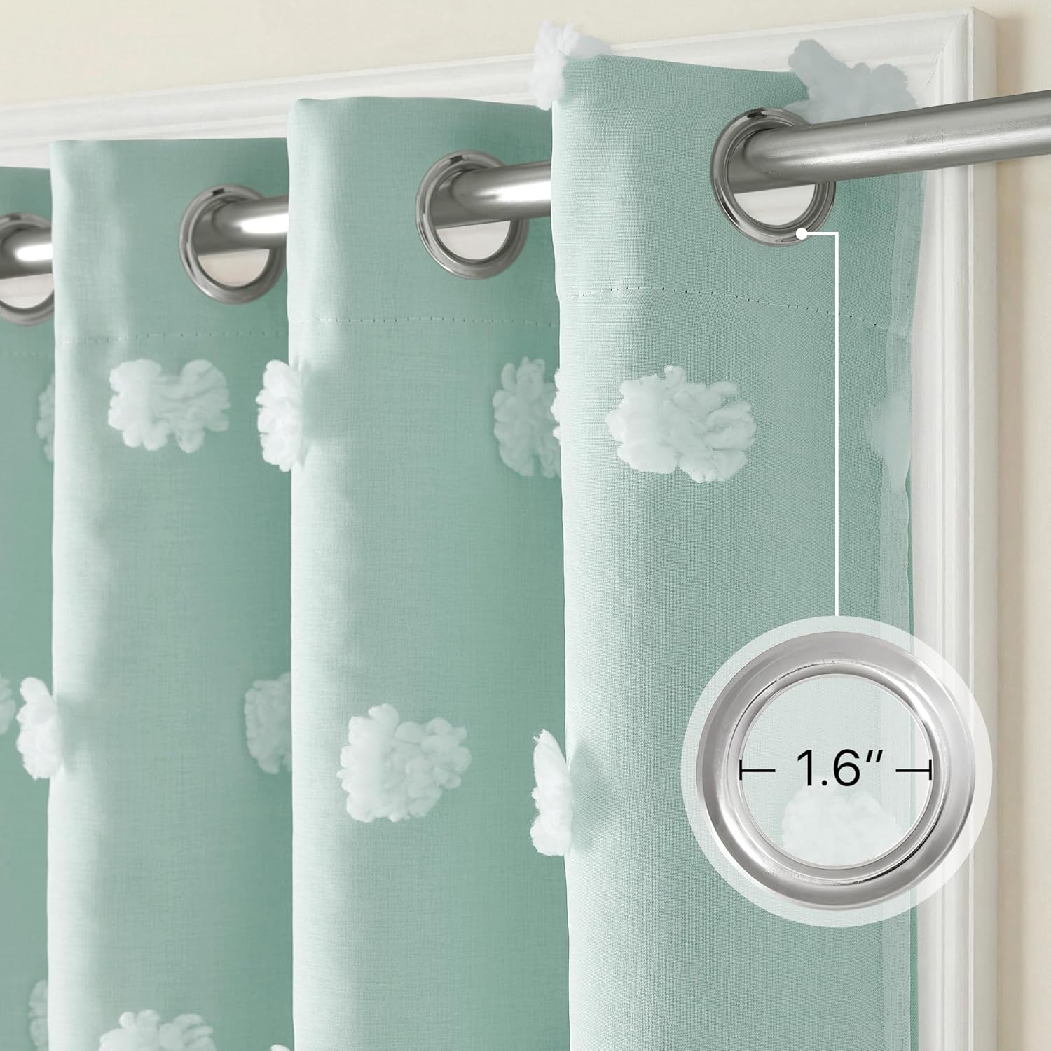 Close-up of mint green curtain with white pom-pom texture. Silver grommet top shows 1.6-inch opening on rod.