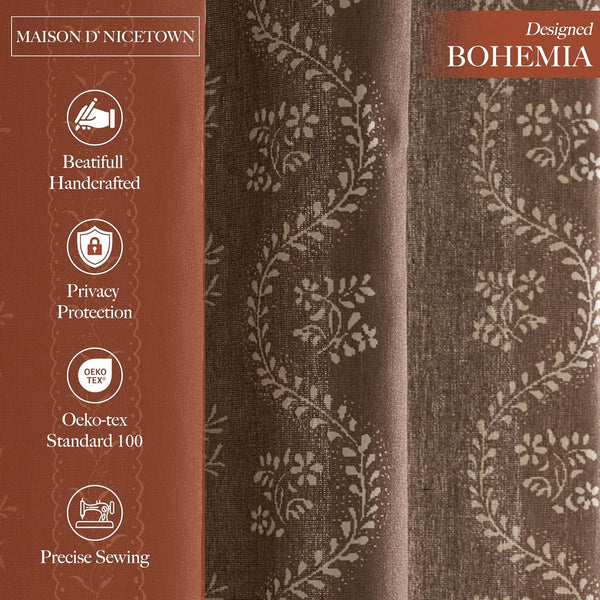 Close-up of a brown bohemian-style curtain with a delicate cream floral vine pattern and textured fabric.