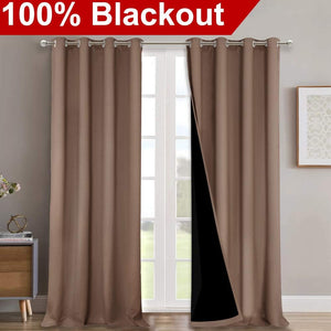 Mocha brown blackout grommet curtains, one panel slightly open revealing black inner lining, hanging over a white door.