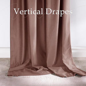 Mocha brown plush velvet room darkening drapes with soft folds draping onto a light carpet.