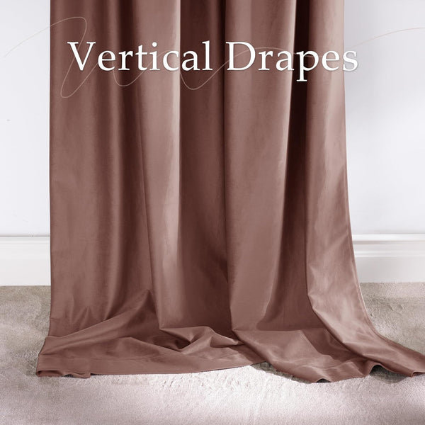 Mocha brown plush velvet room darkening drapes with soft folds draping onto a light carpet.