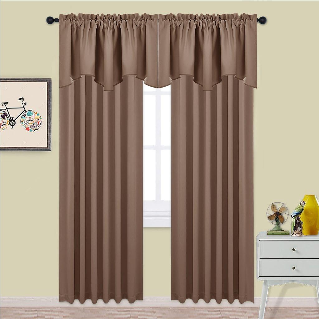 Two mocha brown rod pocket curtain panels with a decorative scalloped valance.