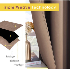 Mocha brown triple weave blackout curtain fabric, showing layered construction with black yarn.