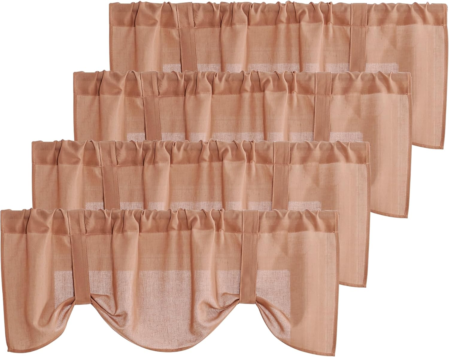 Stack of mocha brown linen-blend tie-up valance curtains featuring ruffled tops and a textured weave.