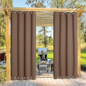Mocha brown outdoor patio curtains with silver grommets at top and bottom, enhancing a wooden pergola.