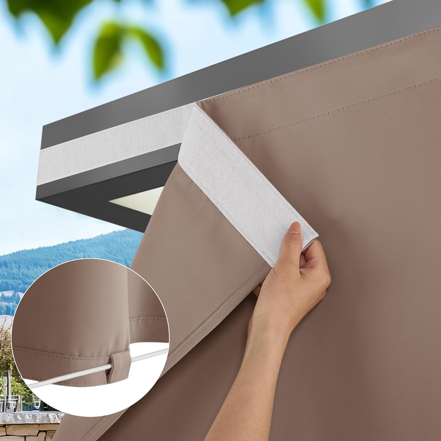 Mocha outdoor shade panel featuring hook-and-loop top fastener and bottom cord loops for securing.