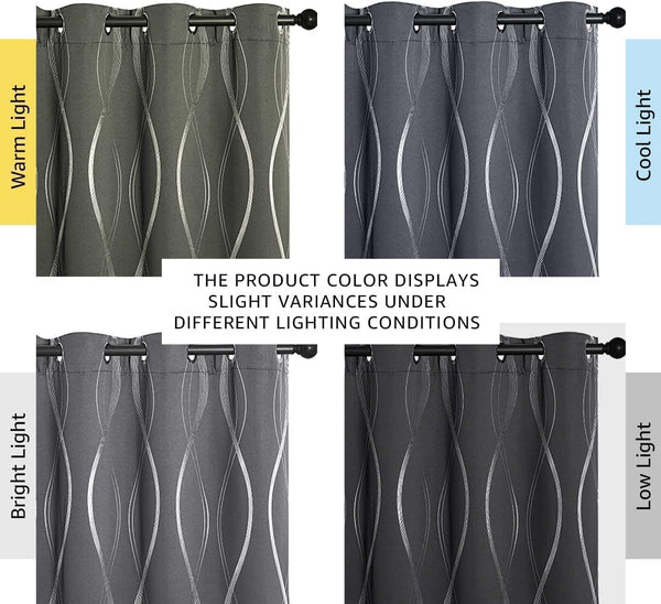 Dark grey curtain panel with modern white wavy line pattern and metal grommet top.