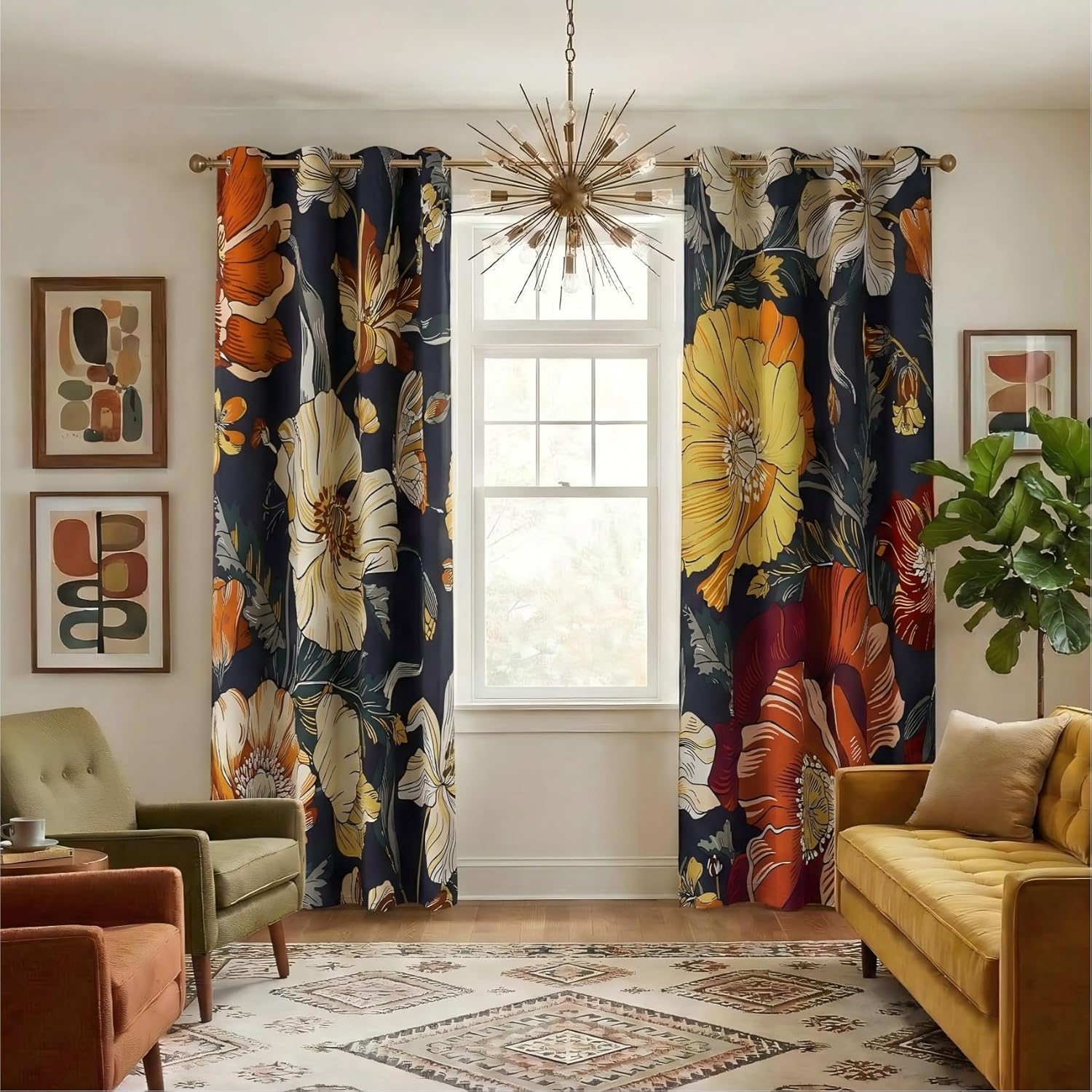 Navy drapes with large yellow and orange floral patterns, grommet top, in a modern living room.