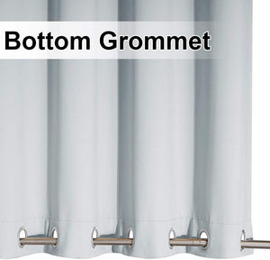 Smooth light blue curtain panel with bottom silver-tone grommets threaded onto a rod.