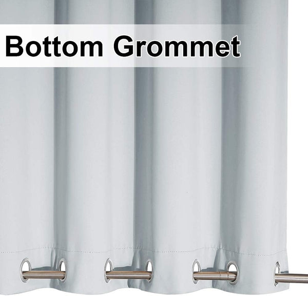 Smooth light blue curtain panel with bottom silver-tone grommets threaded onto a rod.