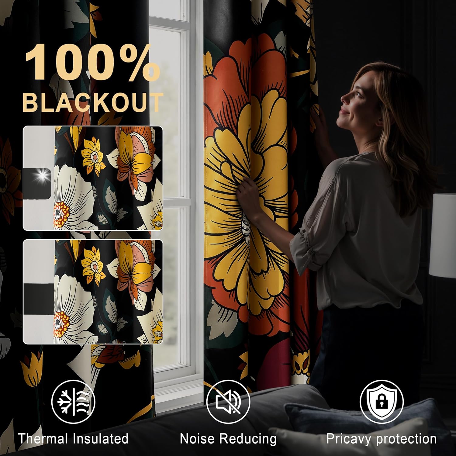 Blackout curtains with yellow, orange, and white floral print, demonstrating light-blocking capability.