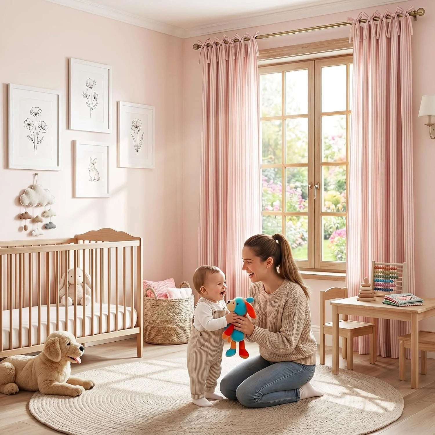 Smiling mother and baby playing with a toy in a bright pink nursery with a wooden crib and striped curtains.