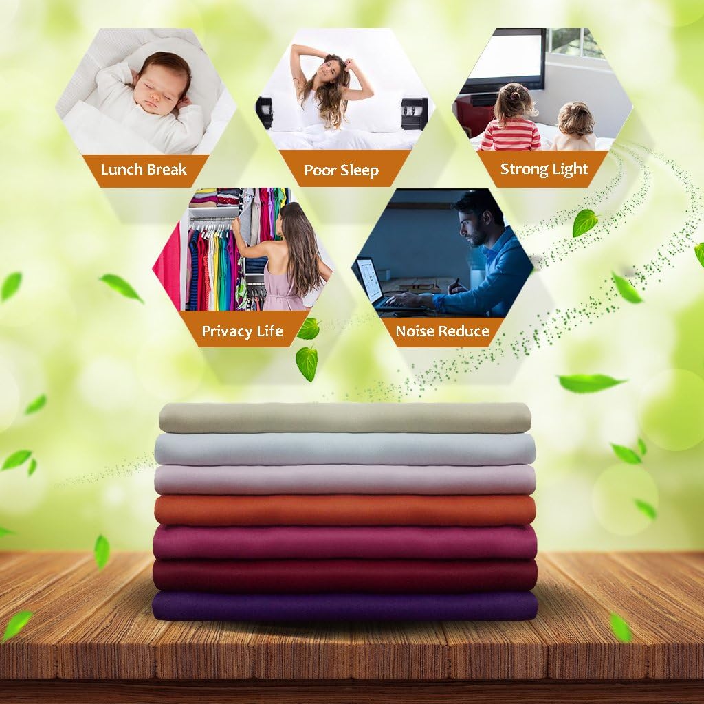Stack of colorful blackout fabric samples, showing benefits for privacy, light, and noise control.