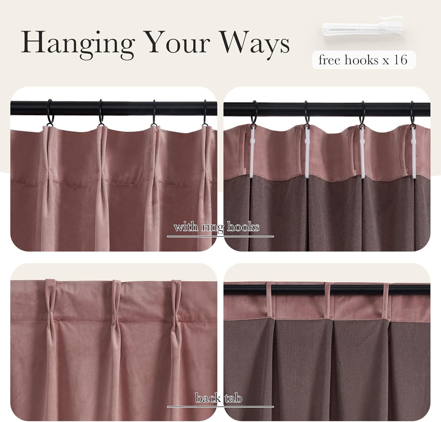 Curtain header styles: pinch pleat, ring hooks, and back tab options in dusty rose and brown fabrics.