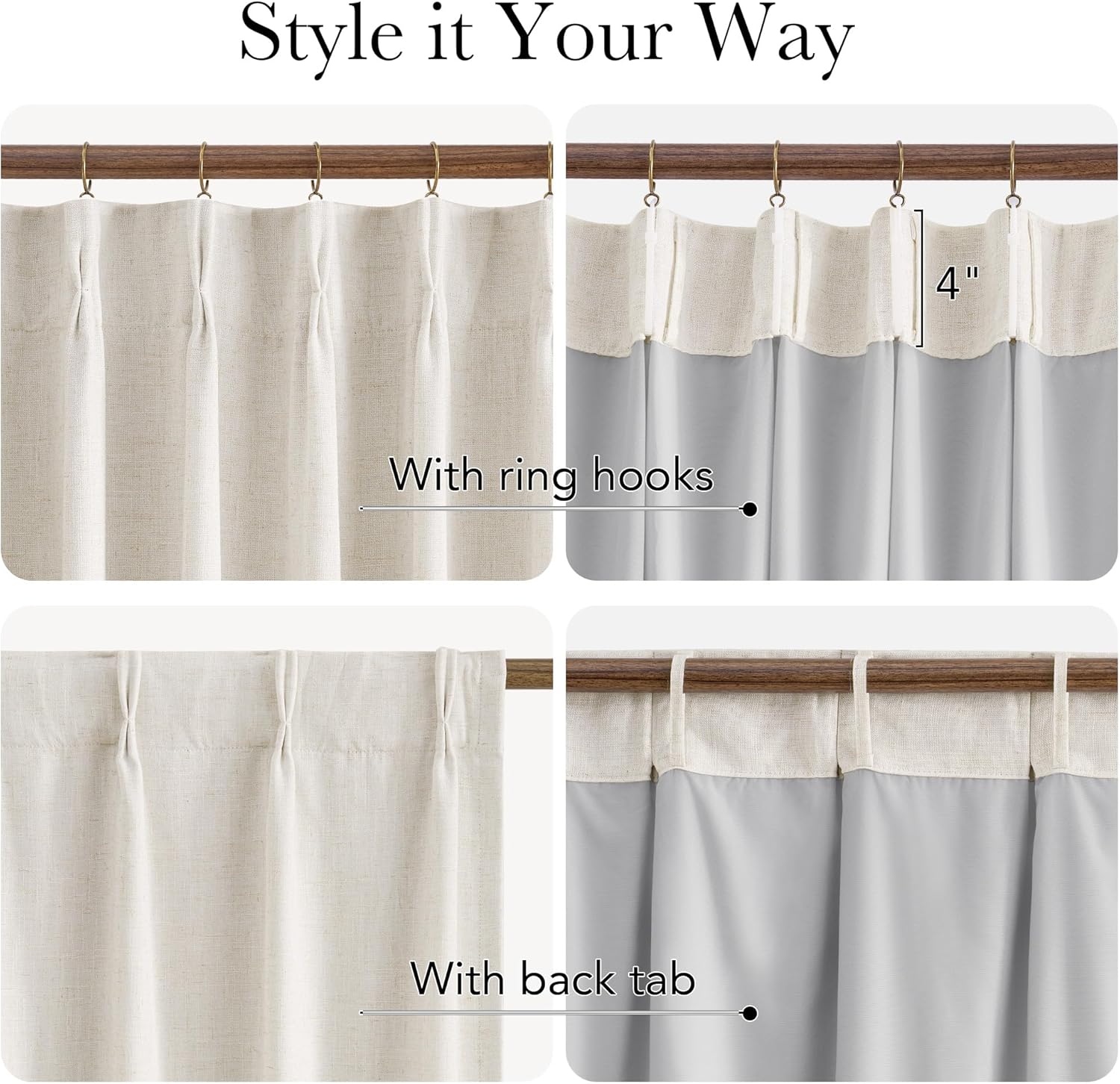 Beige linen-blend pinch pleat curtains with ring hook and back tab hanging options. Gray lining visible.