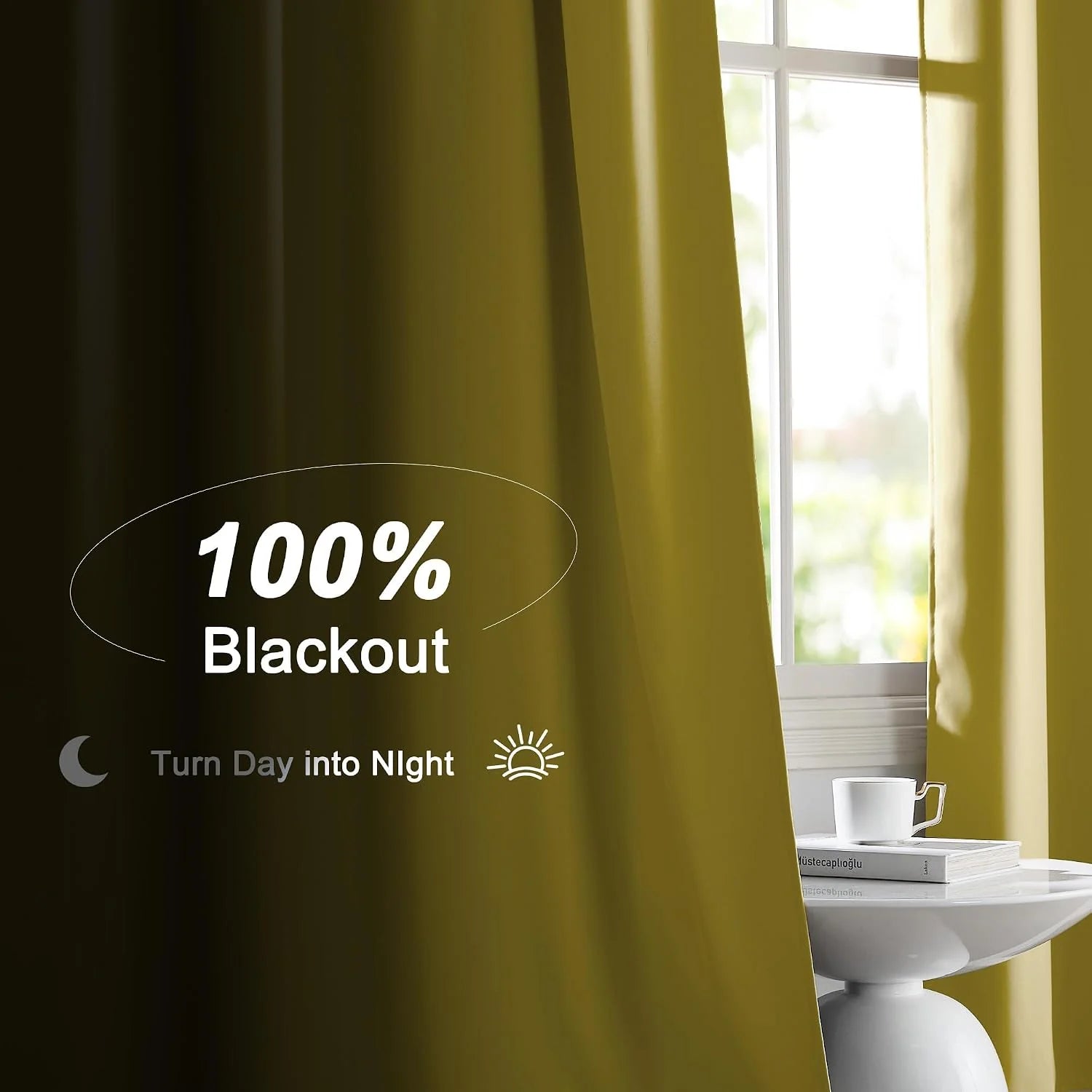 Mustard yellow blackout curtains by a bright window with side table and white mug