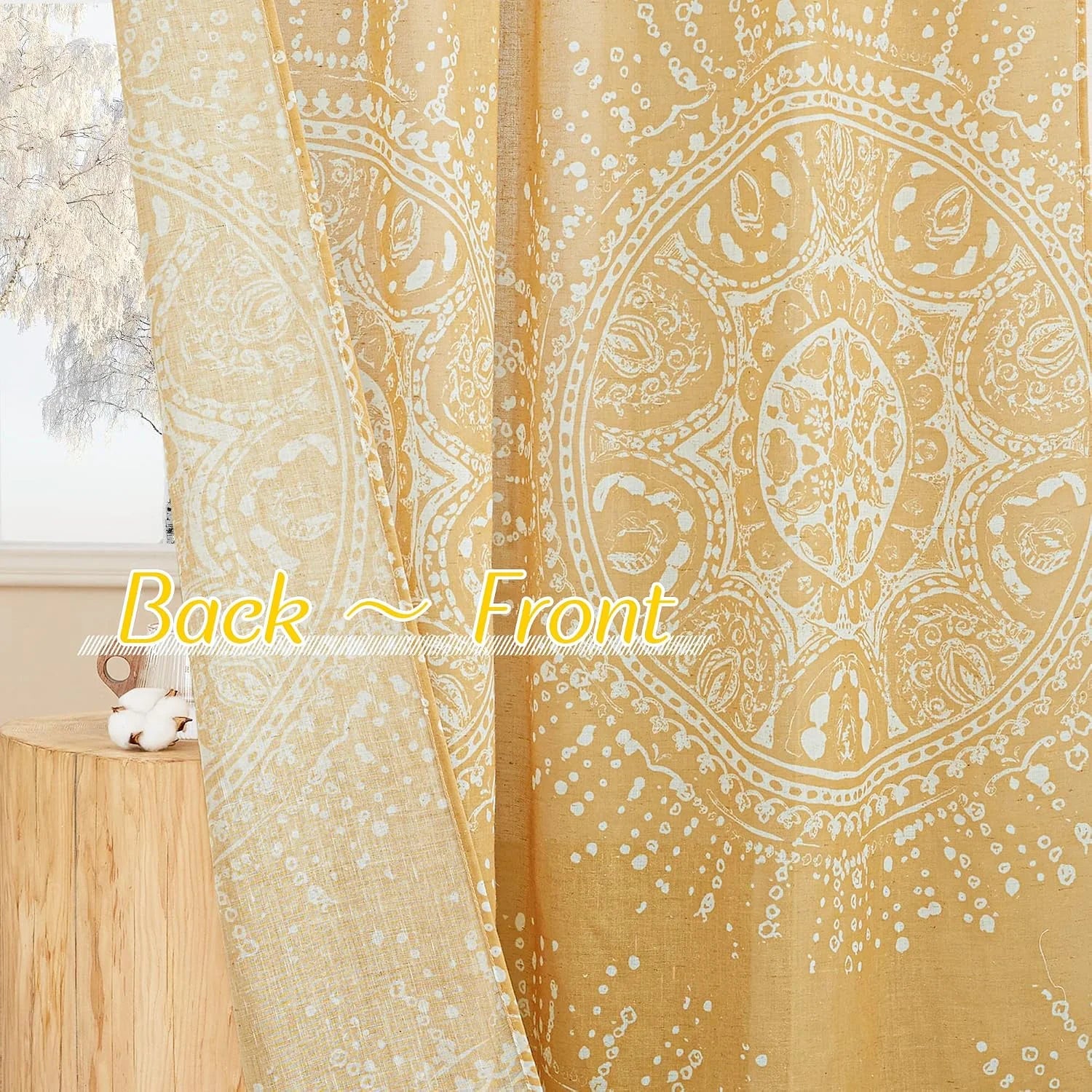 Mustard yellow boho curtain with white medallion print shown front and back