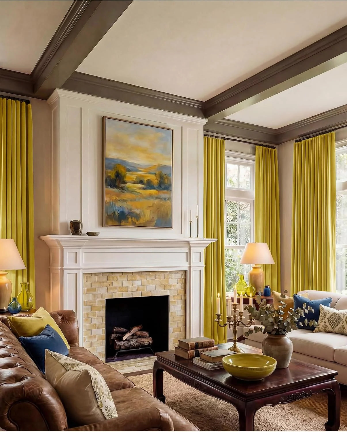 Mustard yellow drapes frame a traditional living room with fireplace and leather sofa