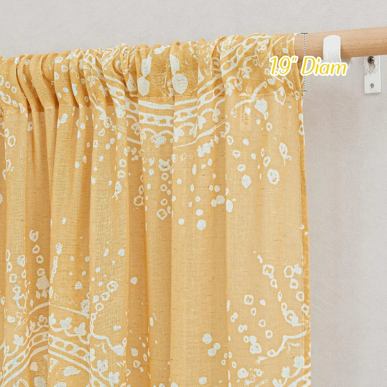 Mustard yellow linen curtain with white floral print and rod pocket top