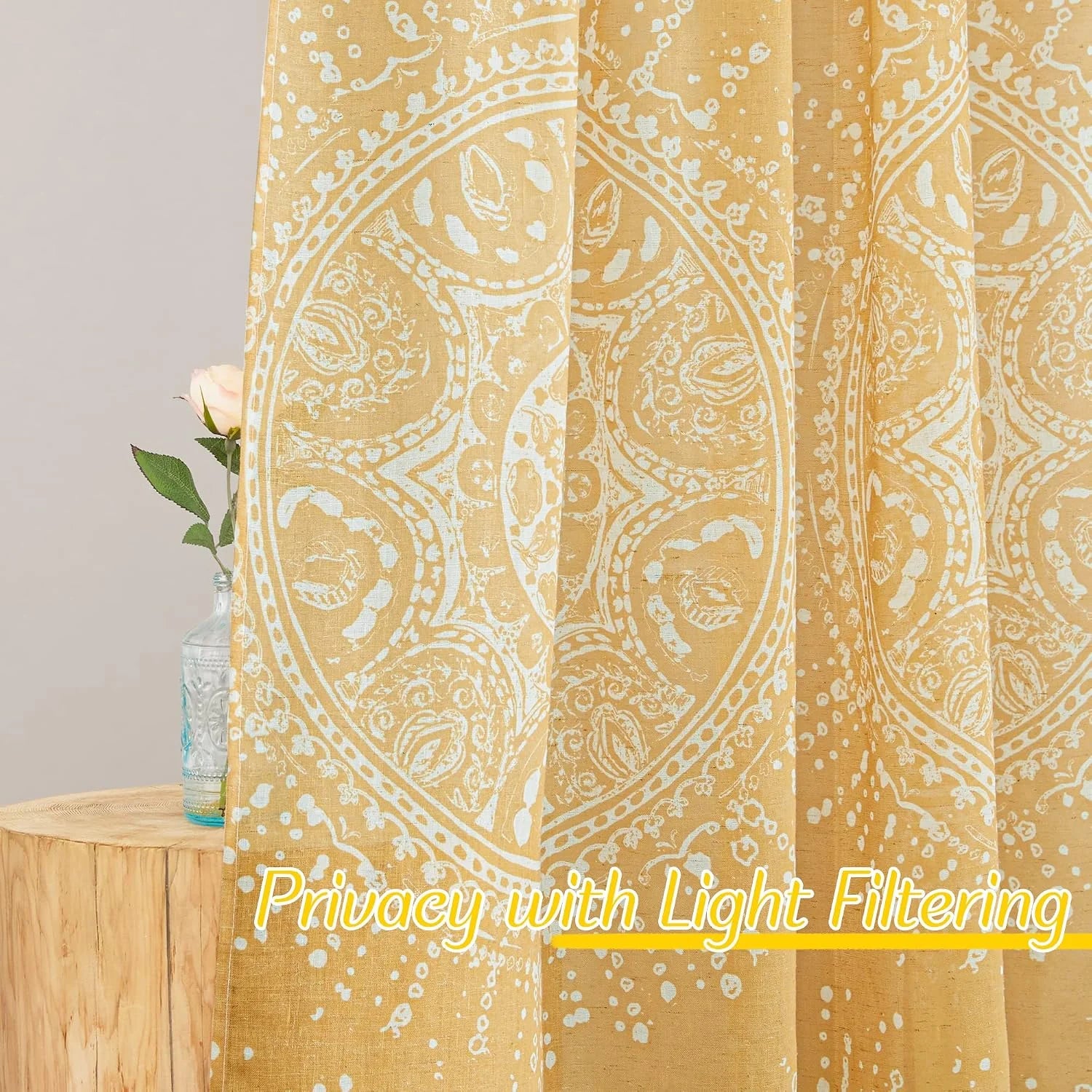 Mustard yellow paisley light filtering curtains in textured linen-look fabric