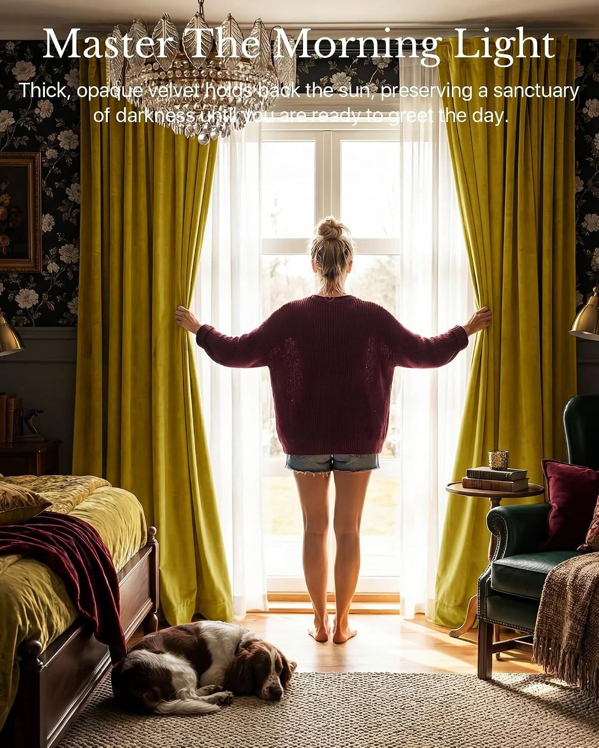 Woman opening mustard velvet curtains in a cozy bedroom with sheer window panels