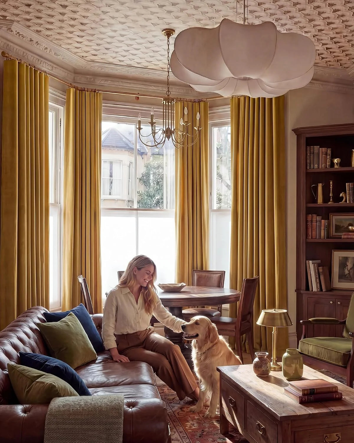 Mustard velvet curtains framing tall windows in a warm traditional living room