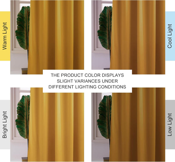 Mustard yellow curtain showcasing color changes under warm, cool, bright, and low light conditions.