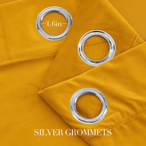Mustard yellow curtains close-up showing three 1.6-inch silver grommets. Soft, textured fabric.