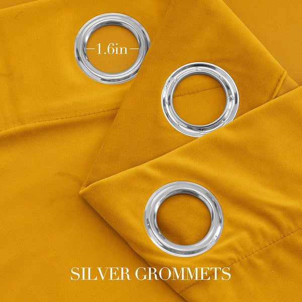 Mustard yellow curtains close-up showing three 1.6-inch silver grommets. Soft, textured fabric.
