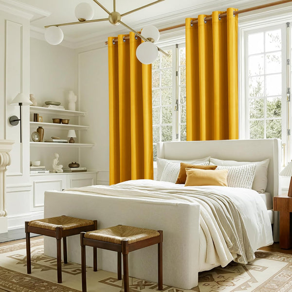 Rich mustard yellow grommet top curtains beautifully frame a large window in a bright bedroom setting.