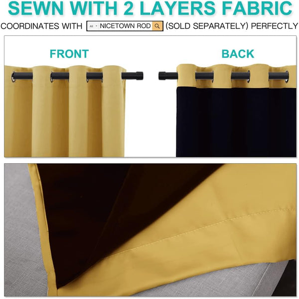 Mustard yellow grommet curtains with two layers. Front is bright yellow, back is a dark black blackout fabric.