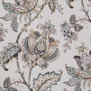 Muted Jacobean floral pattern on a cream fabric, featuring ornate gray, brown, and pink stylized flowers, leaves, and winding branches.