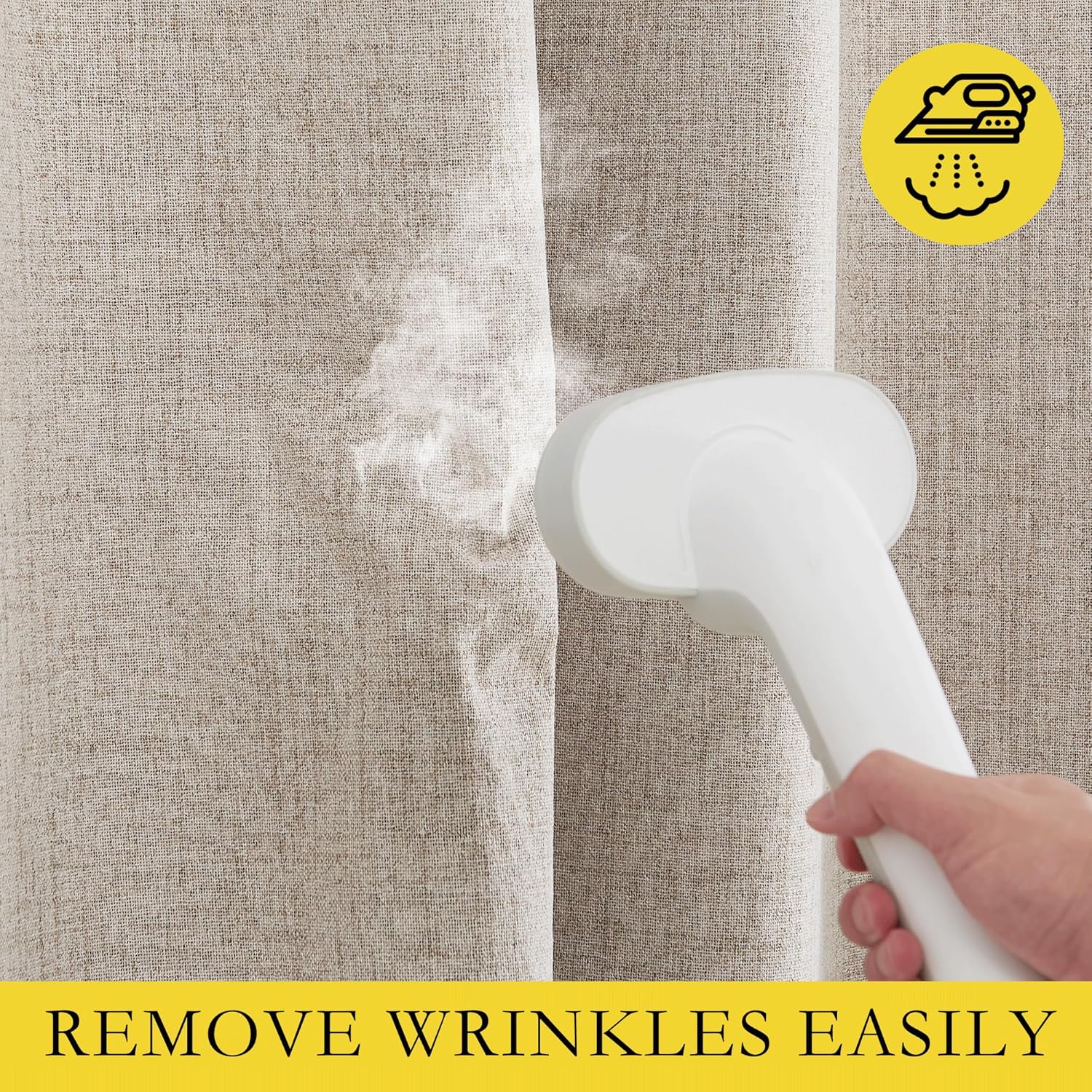 A hand uses a white garment steamer on natural beige linen curtains, removing wrinkles easily.