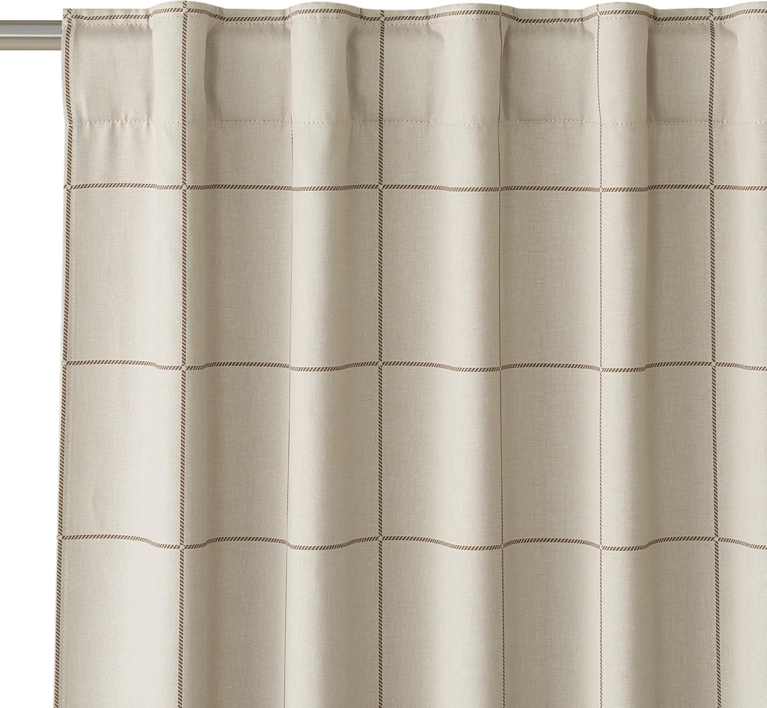 Natural beige curtain panel with brown stitched grid pattern, featuring a back tab top, hanging on a rod.