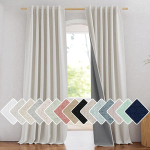 Natural beige textured blackout curtains on wooden rod, dark gray lining. Shows various fabric color swatches.
