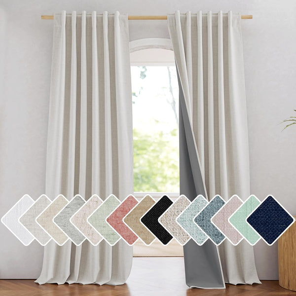 Natural beige textured blackout curtains on wooden rod, dark gray lining. Shows various fabric color swatches.