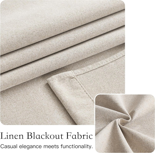 Detailed view of natural beige linen blackout fabric, highlighting its rich texture and draping folds.
