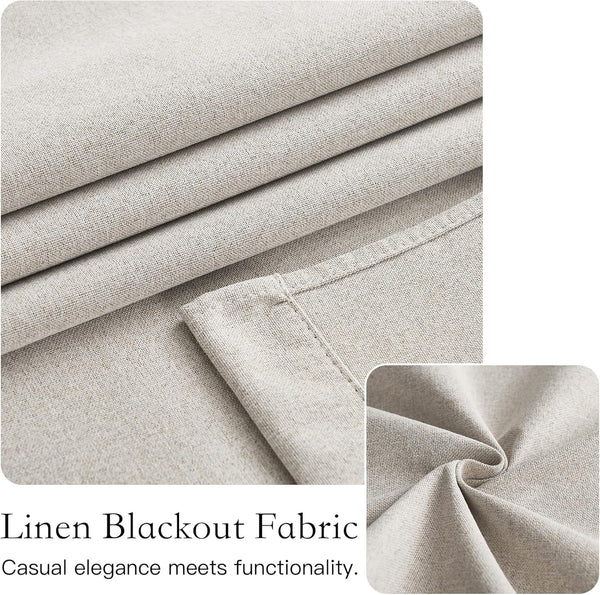 Close-up of folded light beige linen blackout fabric, showcasing its natural woven texture and material detail.