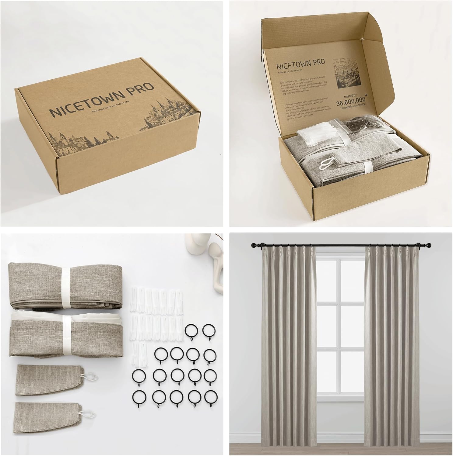 Natural beige linen blend window curtains with clip rings, shown packaged and hanging on a black rod.
