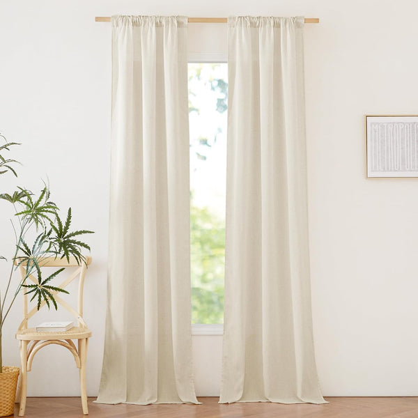 Natural beige linen blend curtains with rod pocket top hanging on a light wooden rod.