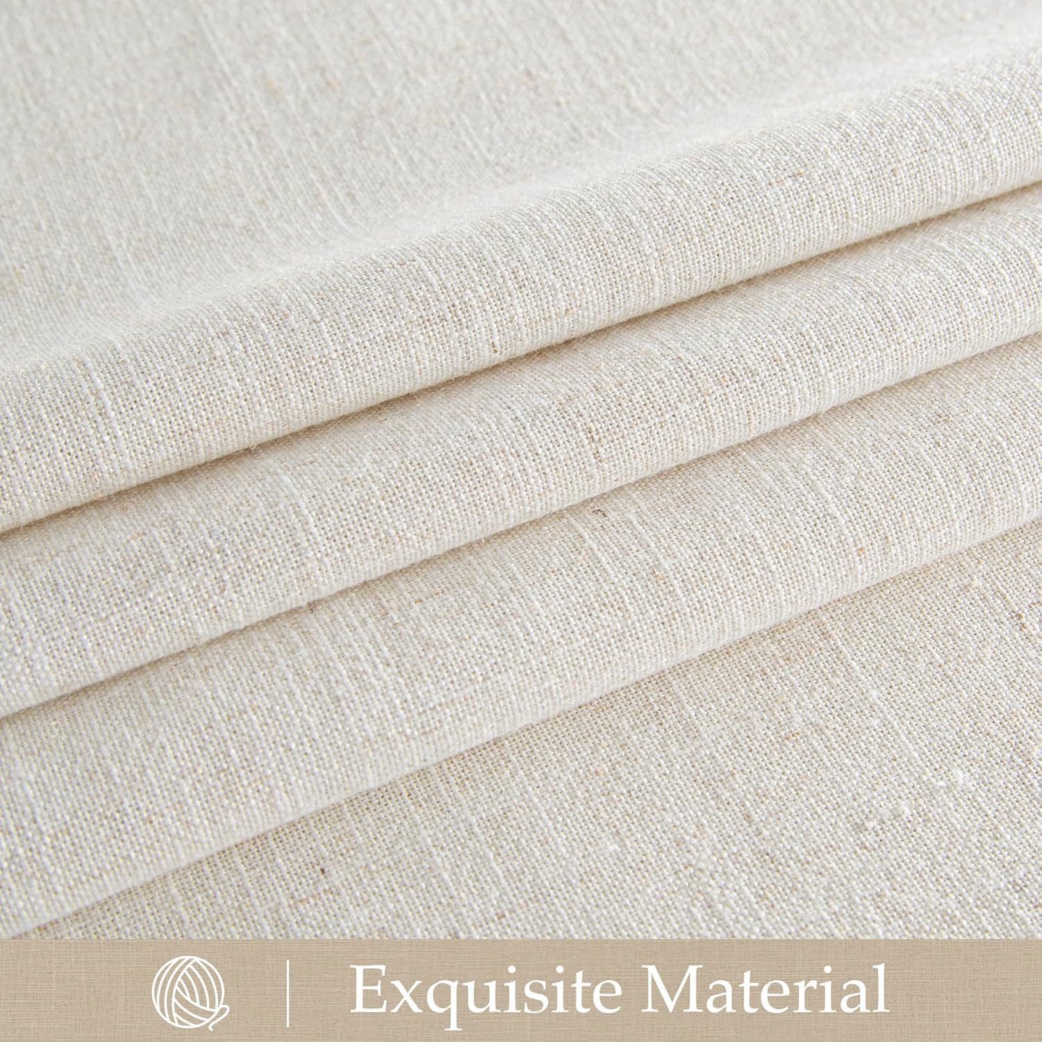 Light beige natural linen blend woven fabric in gentle folds, showcasing its textured surface.