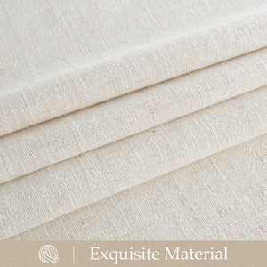 Light beige natural linen blend woven fabric in gentle folds, showcasing its textured surface.