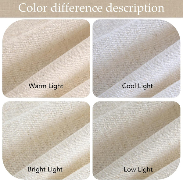 Natural beige textured fabric under warm, cool, bright, and low light, demonstrating color variations.