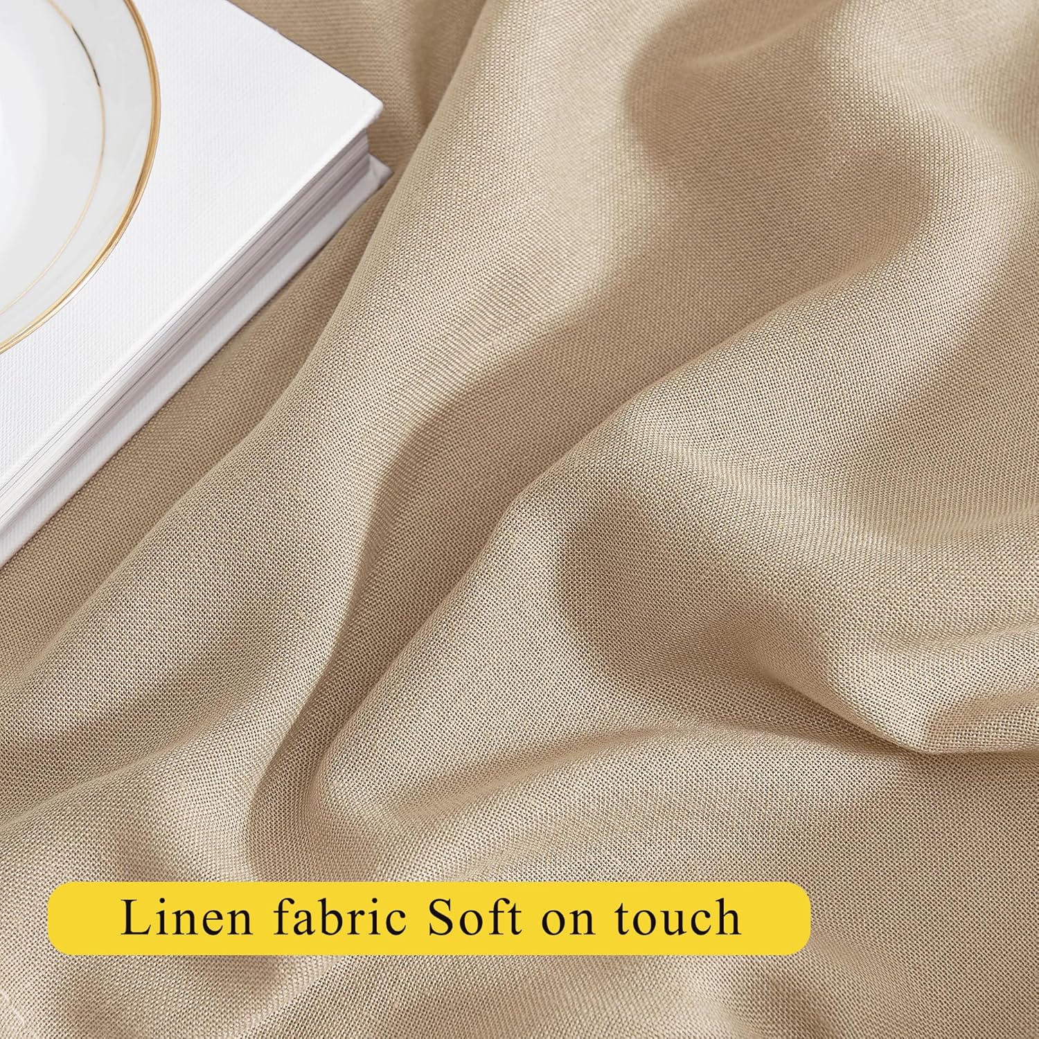 Close-up of a natural beige linen fabric showing its soft, breathable, and slightly textured weave.