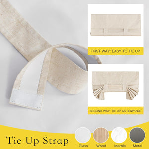 Natural beige linen tie-up strap with hook-and-loop fastener, displayed securing window shades.