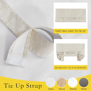 Beige linen-look tie up strap with hook-and-loop closure. Shows two roman shade tie-up styles.
